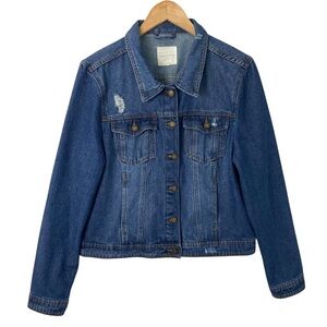 Copper Key Distressed Denim Jean Jacket Blue Buttoned Sz XL Collared